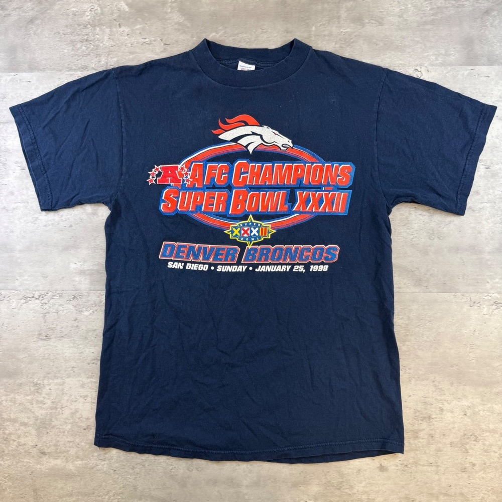 Vintage Denver Broncos Super Bowl XXXII Champions T-Shirt 1998 Logo 7 Navy Large